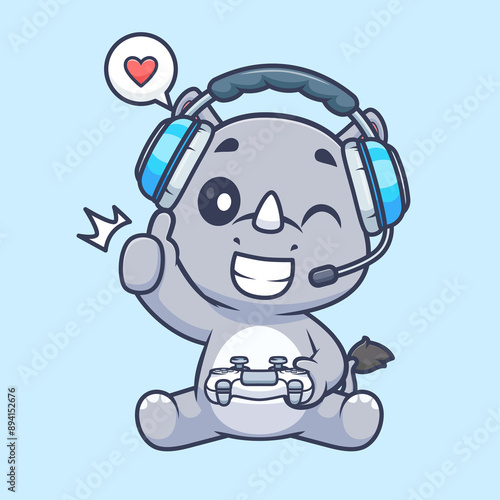 Cute Rhino Gaming Cartoon Vector Icon Illustration