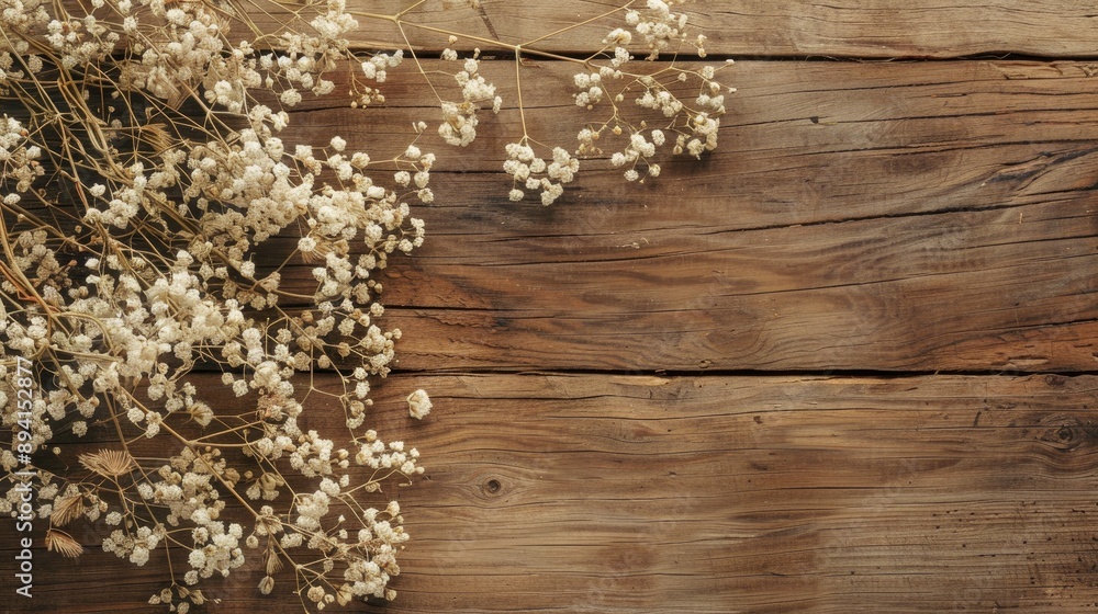 Baby s breath dry flowers on wooden background flat lay with copy space Baby s breath dry flowers on wooden background flat lay with copy space