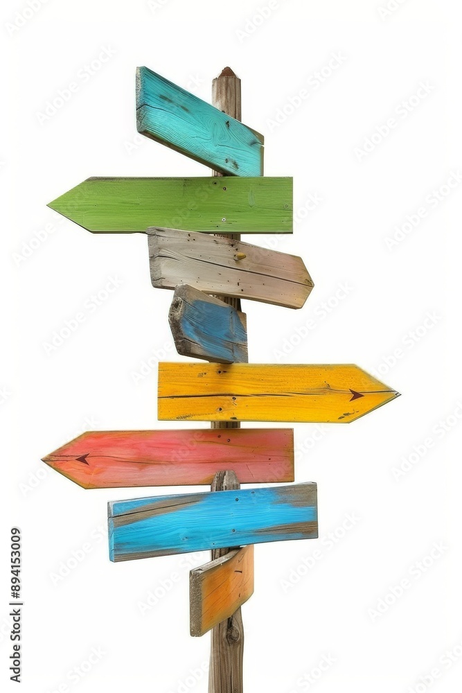 colorful wooden direction arrow signs on a wooden pole on a white background colorful wooden direction arrow signs on a wooden pole on a white background