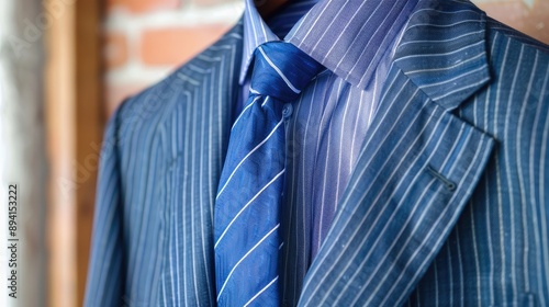 Men s blue striped shirt and suit on hanger photo