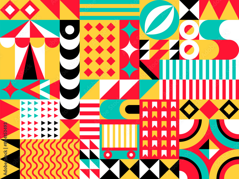 Abstract modern circus geometric pattern. Vector background of minimal shapes mosaics with retro circus top tent, flags bunting, juggling balls and rings, vintage carnival wagon and stripes pattern Abstract modern circus geometric pattern. Vector background of minimal shapes mosaics with retro circus top tent, flags bunting, juggling balls and rings, vintage carnival wagon and stripes pattern