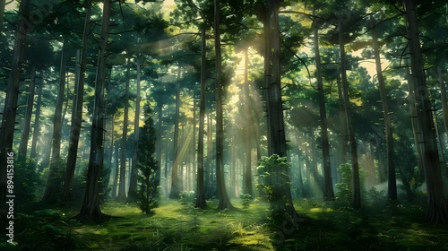 A forest with trees in the background and a misty sky. 