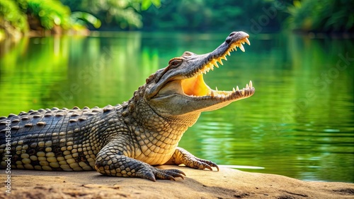 Crocodile with open mouth by green lake, crocodile, predator, reptile, wildlife, dangerous, water, green, lake, nature, wild