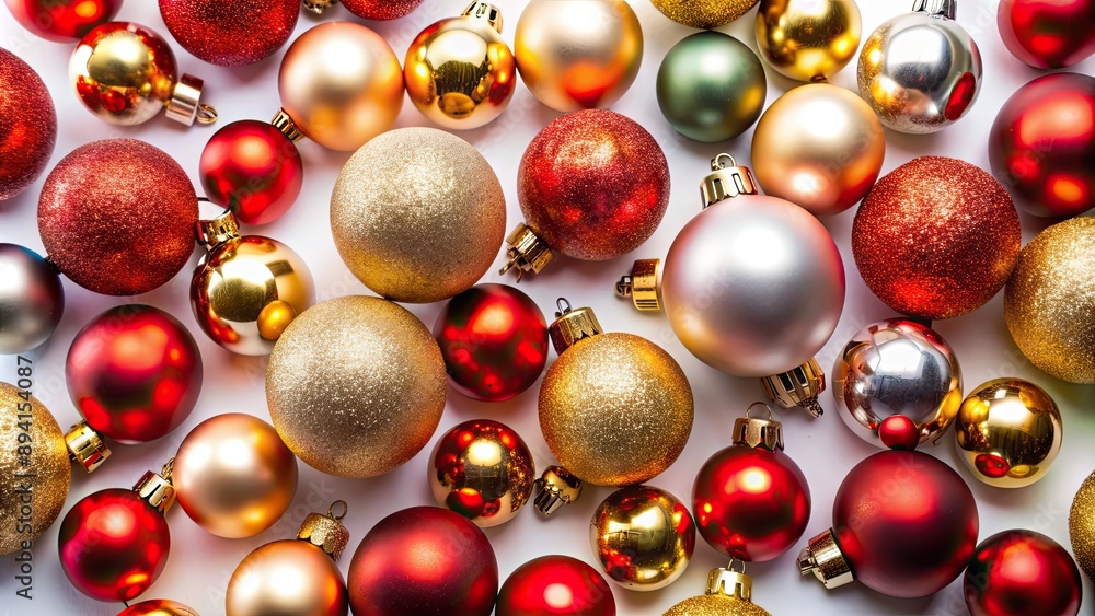 Top view of shiny Christmas baubles spread on a white background, Christmas, decoration, holiday, festive, ornaments, red Top view of shiny Christmas baubles spread on a white background, Christmas, decoration, holiday, festive, ornaments, red
