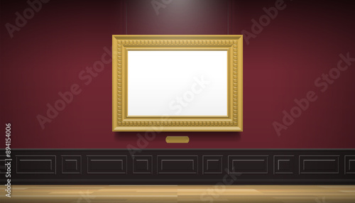 classic museum art gallery interior with blank golden frame on the wall mock up vector illustration