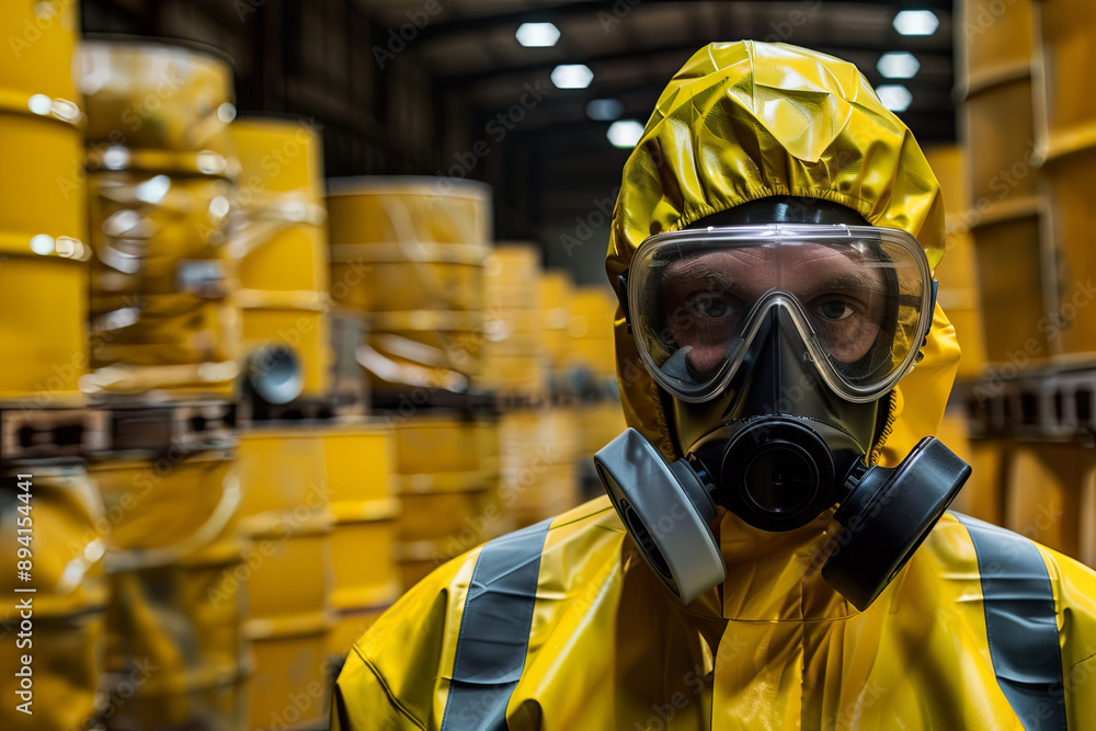 Man in yellow protective suit and gas mask, warehouse full of yellow metal barrels Man in yellow protective suit and gas mask, warehouse full of yellow metal barrels