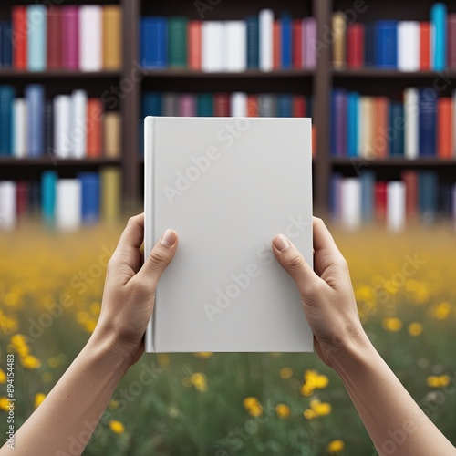 Book Mockup in Front of Bookshelf.