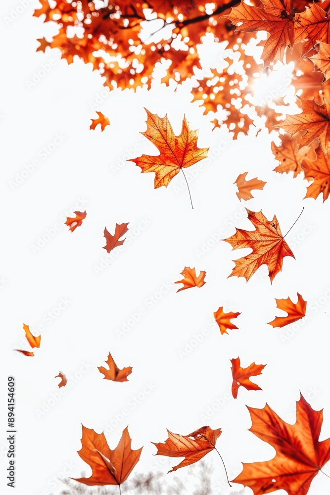 Golden Autumn Leaves Falling From Maple Tree Branches Against Bright Sky With Sunbeam Golden Autumn Leaves Falling From Maple Tree Branches Against Bright Sky With Sunbeam