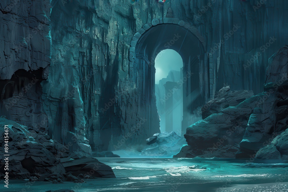 Mysterious stone archway in a dark cavern with a river flowing towards it Mysterious stone archway in a dark cavern with a river flowing towards it