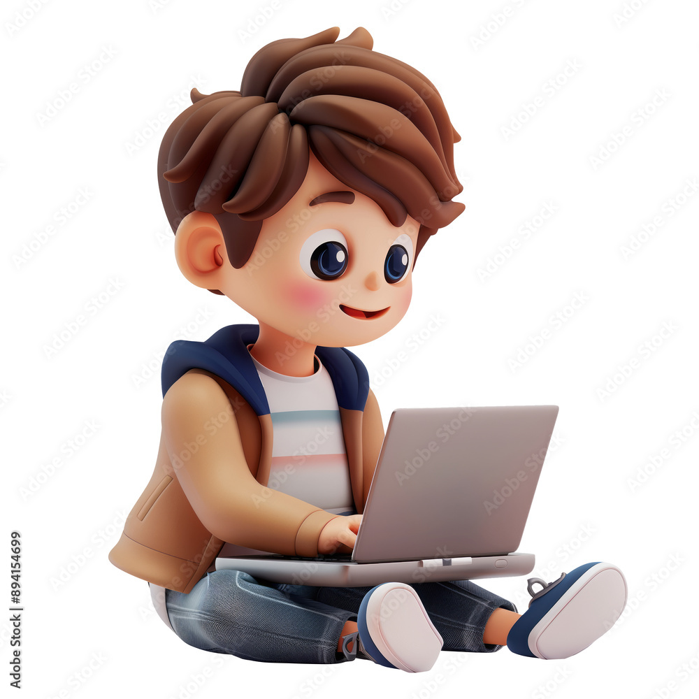 3D Boy with Laptop Computer-2, on isolated transparent background 3D Boy with Laptop Computer-2, on isolated transparent background