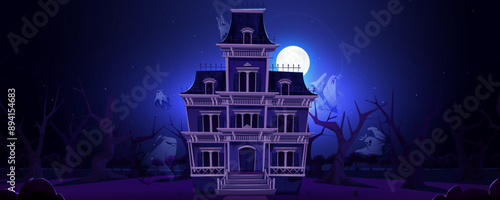 Halloween house and full moon at spooky night. Haunted castle or mansion on creepy dark blue design for invitation banner. Horizontal illustration of nightmare and ghost monster and white moonlight