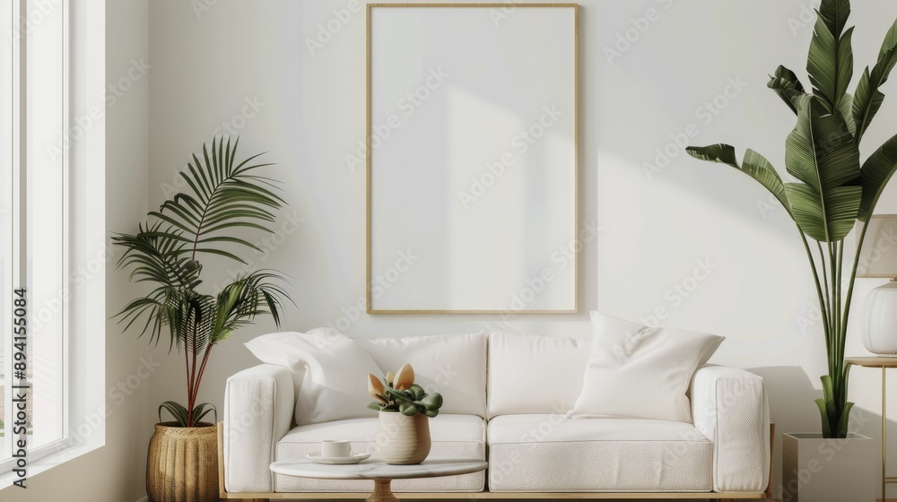 Minimalist living room with a blank wall frame and a single plant Minimalist living room with a blank wall frame and a single plant