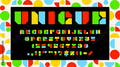 Module block font, modern abstract typeface of english alphabet. Vector typography bold geometric letters and numbers type set of color circles, triangles and rectangles modules, brutalist abc font