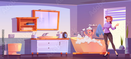 Little kid washing in bathtub with foam and mother standing with towel. Happy smiling child and young woman in bathroom. Cartoon vector illustration of baby and mom character during daily routine.