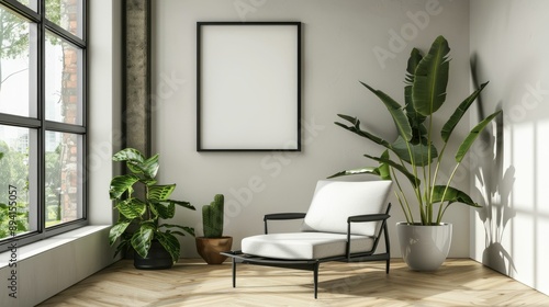 Minimalist living room with a blank wall frame and a single plant