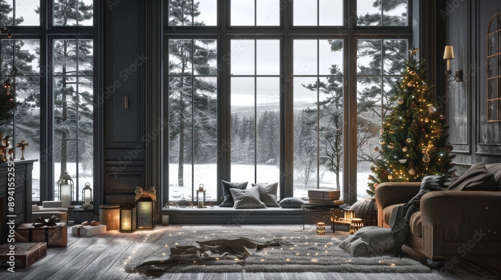 a living room interior with a large window and a Christmas tree a living room interior with a large window and a Christmas tree