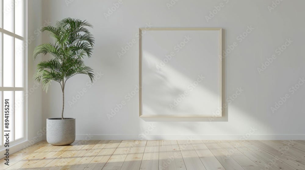 Minimalist living room with a blank wall frame and a single plant Minimalist living room with a blank wall frame and a single plant