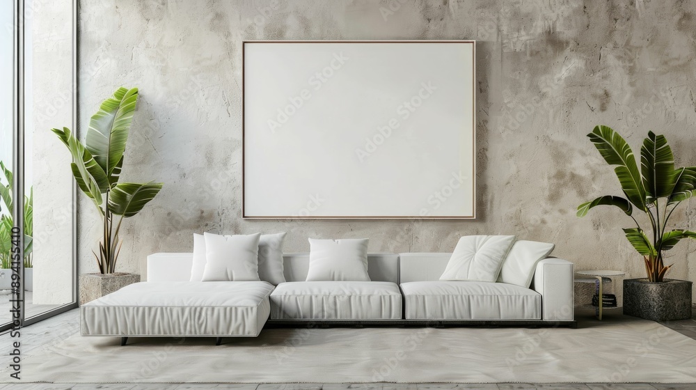 Minimalist living room with a blank wall frame and a single plant Minimalist living room with a blank wall frame and a single plant