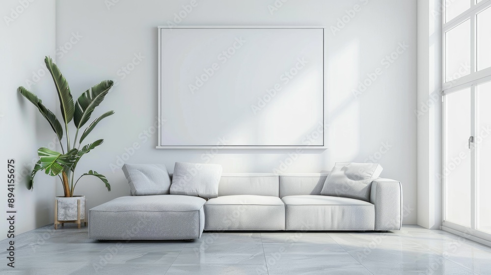Minimalist living room with a blank wall frame and a single plant Minimalist living room with a blank wall frame and a single plant
