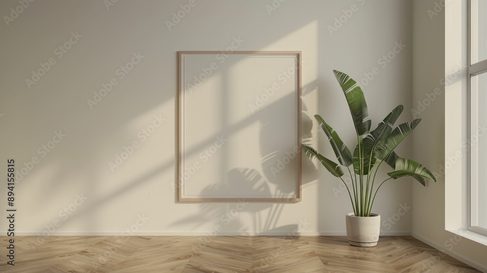 Minimalist living room with a blank wall frame and a single plant Minimalist living room with a blank wall frame and a single plant