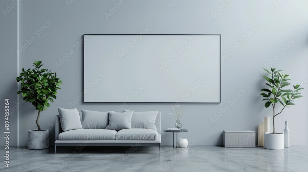 Minimalist living room with a blank wall frame and a single plant Minimalist living room with a blank wall frame and a single plant