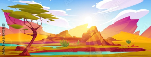 African savannah desert with sand surface, rock mountains, blue water in lake or river, green acacia tree and sunny sky with white clouds. Cartoon vector illustration of oasis in savanna scenery.