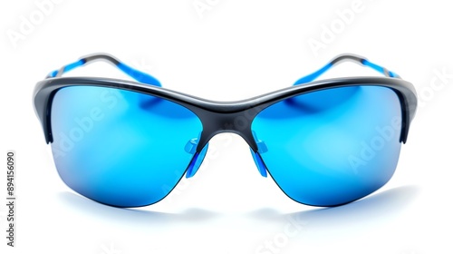 Polarized sunglasses with blue lenses, modern and sleek design, isolated on white background, highresolution, sporty and protective, closeup shot photo