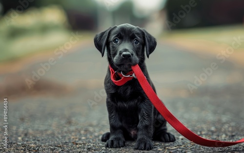 A black puppy is sitting on the ground with a red leash in its mouth