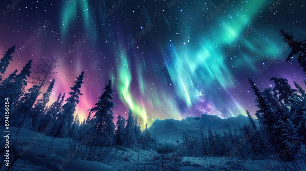 Obraz premium A beautiful night sky with a bright aurora borealis