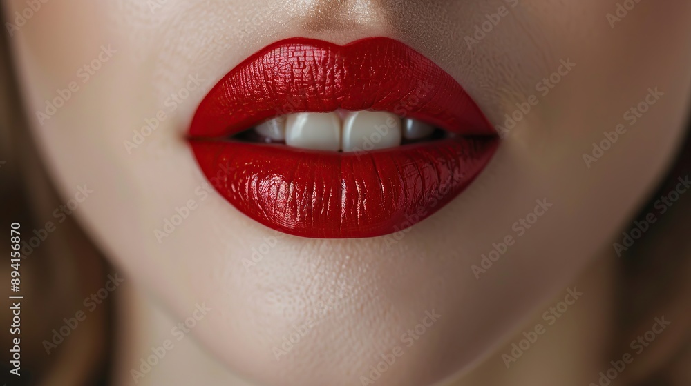 Close-up of beautiful red lips with glossy red lipstick Close-up of beautiful red lips with glossy red lipstick
