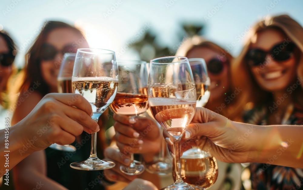 A vibrant image of friends making a toast with glasses of wine outdoors, capturing the essence of friendship, celebration, and togetherness in a joyful, sunlit setting. A vibrant image of friends making a toast with glasses of wine outdoors, capturing the essence of friendship, celebration, and togetherness in a joyful, sunlit setting.