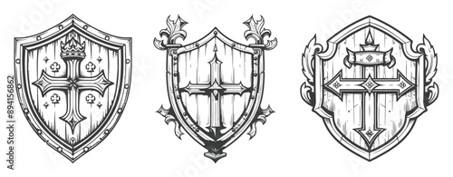 Shield with a wooden texture sketch illustration isolated on white ,generative ai
