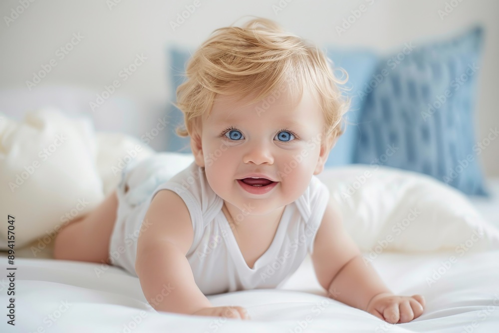An adorable baby with bright blue eyes and blonde hair, lying on its stomach on a white bed, softly smiling at the camera with a serene and content expression. An adorable baby with bright blue eyes and blonde hair, lying on its stomach on a white bed, softly smiling at the camera with a serene and content expression.