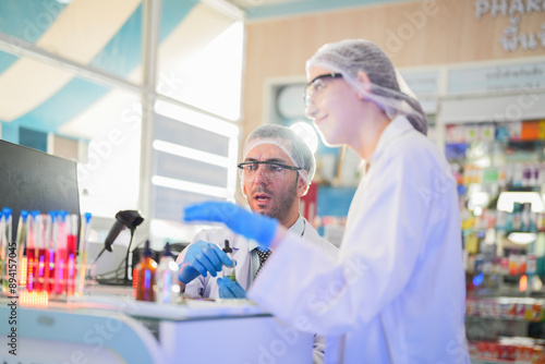 scientists perform experiments and record data. people arranges equipment with test tubes and chemicals for producing medicine and biochemistry. man hold tubes of chemical liquids and plant samples.