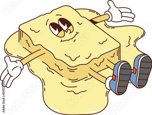 Melting butter retro groovy breakfast character. Isolated cartoon vector delightful pat of butter personage lying in liquid melt buttery puddle with a joyful face expression, with outstretched hands