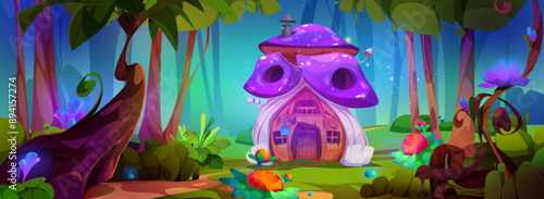 Magic fairy elf or gnome mushroom house with neon glow effect in forest on shore of lake. Cartoon vector fantastic woodland landscape with tiny cozy fantasy home made from toadstool with purple cap.