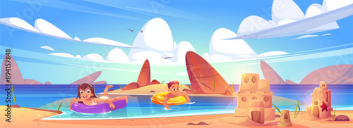 Happy children swimming with inflatable rings in lake or sea. Cartoon vector illustration of seaside landscape with sand castle on beach, rocky mountains and smiling floating kids boy and girl.