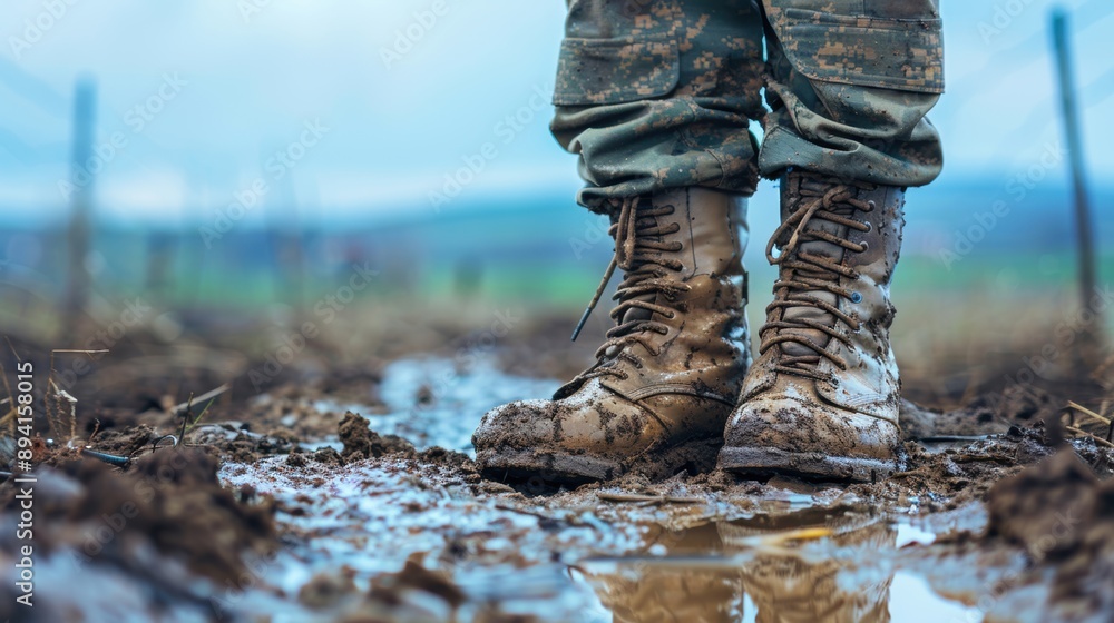 Close-up of muddy military boots standing in a wet, muddy field, showcasing rugged outdoor conditions. Close-up of muddy military boots standing in a wet, muddy field, showcasing rugged outdoor conditions.