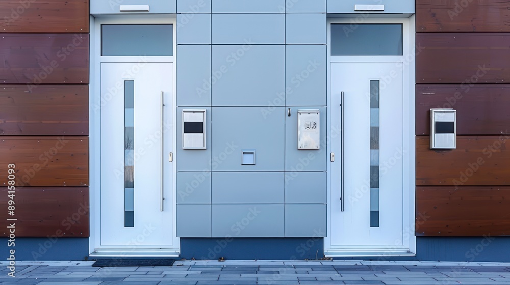 Two Modern White Doors on a Building Two Modern White Doors on a Building