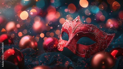 Elegant red Venetian mask with intricate details surrounded by colorful bokeh lights creating a festive atmosphere.