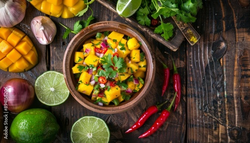 A vibrant and appetizing mango salsa placed in a wooden bowl, surrounded by fresh ingredients such as limes, garlic, onions, chilies, and cilantro, ideal for culinary visuals.