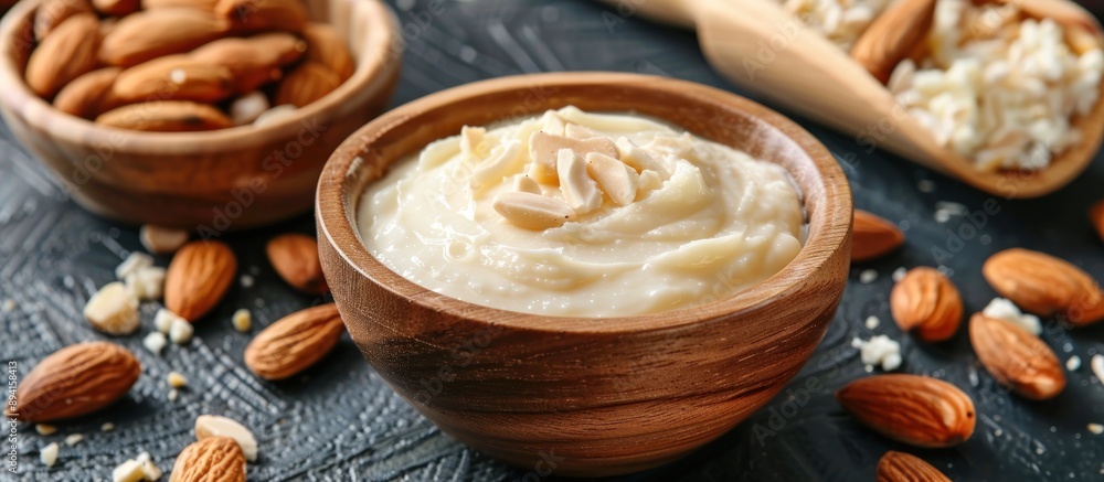 Almond Cream Dessert in Wooden Bowl Almond Cream Dessert in Wooden Bowl