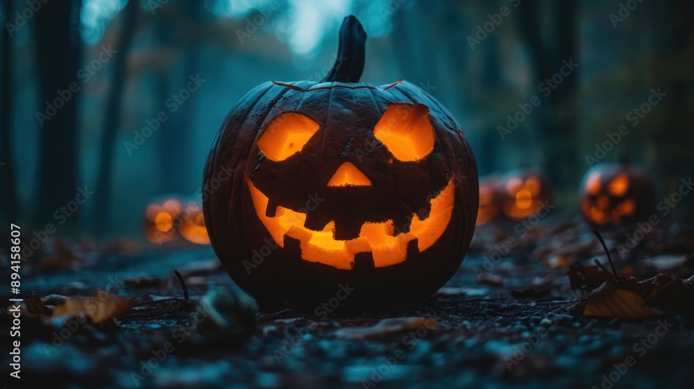 Spooky jack-o'-lantern with glowing face in a dark, foggy forest, creating an eerie Halloween atmosphere. Spooky jack-o'-lantern with glowing face in a dark, foggy forest, creating an eerie Halloween atmosphere.