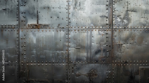 Close-up of a weathered, riveted steel plate showing detailed texture and industrial wear.