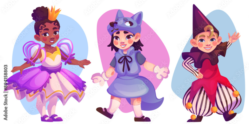 Fototapeta premium Happy kids in carnival costumes set isolated on white background. Vector cartoon illustration of children wearing fancy princess, wolf, harlequin dresses, boy and girls dancing at theater show