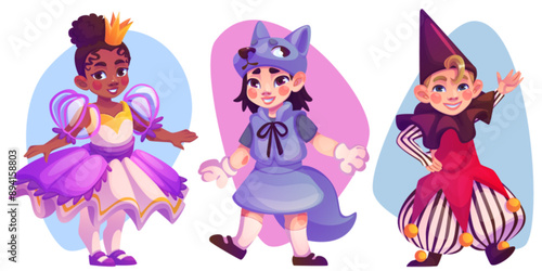 Happy kids in carnival costumes set isolated on white background. Vector cartoon illustration of children wearing fancy princess, wolf, harlequin dresses, boy and girls dancing at theater show
