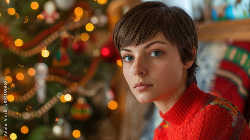 Portrait of a young woman with short hair in a red sweater, sitting by a decorated Christmas tree with festive lights. Portrait of a young woman with short hair in a red sweater, sitting by a decorated Christmas tree with festive lights.