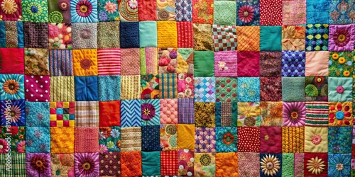 A colorful patchwork quilt with various patterns and textures, patchwork, quilt, colorful, fabric, handmade, sewing, craft