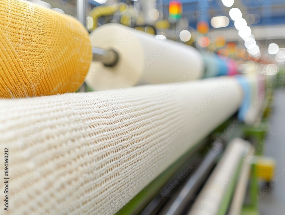 Industrial Textile Machinery in Factory Producing Fabric Rolls with Copy Space, Focus on Equipment, Deep Depth of Field Industrial Textile Machinery in Factory Producing Fabric Rolls with Copy Space, Focus on Equipment, Deep Depth of Field