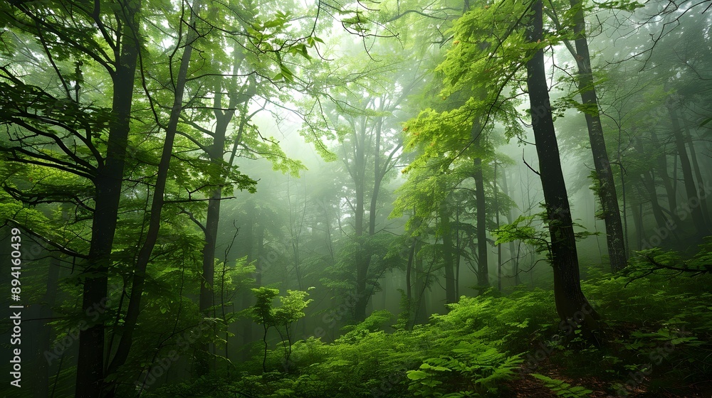 Fototapeta premium A forest with trees in the background and a misty sky. 